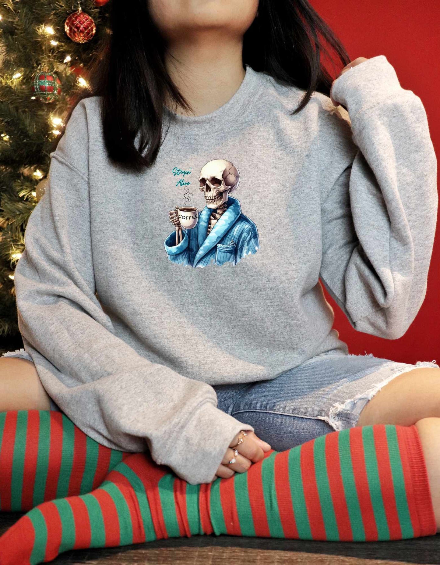 Skeleton with Coffee Pullover Sweatshirt - Naynie's Treasures